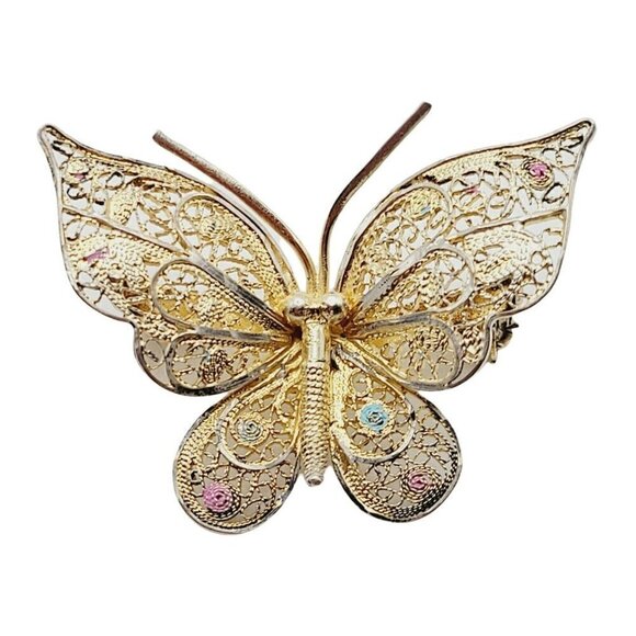 Vtg Filigree Sterling Silver W/ Gold Vermeil Butterfly Brooch Delicate Ornate - Picture 2 of 8